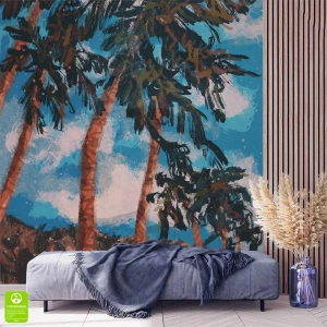 Fototapeta do Salonu Palmy – Egzotyczny Pejzaż na wymiar, do Sypialni, Styl Nowoczesny i Boho, Niebieska i Brązowa
