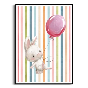 Plakat - Króliczek z Czerwonym Balonem na Tle w Pastelowe Paski - Dekoracja do pokoju dziecka, niemowlaka i sypialni, Styl skandynawski i boho