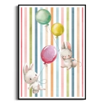Plakat - Króliczki z Balonami na Tle w Pastelowe Paski - Obraz do Pokoju Chłopca i Dziewczynki, Styl Skandynawski i Nowoczesny