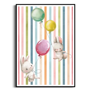 Plakat - Króliczki z Balonami na Tle w Pastelowe Paski - Obraz do Pokoju Chłopca i Dziewczynki, Styl Skandynawski i Nowoczesny