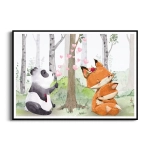 Plakat -  Panda i Przytulone Liski w Brzozowym Lesie - Obraz do Pokoju Dziewczynki i Chłopca, Styl Skandynawski i Boho 