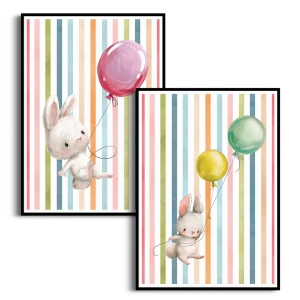 Zestaw 2 plakatów -  Króliczki i Kolorowe Balony na Tle w Pastelowe Paski- Obraz do Pokoju Dziecka, Styl Skandynawski i Nowoczesny