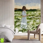 Fototapeta na wymiar do Salonu - Zielona Łąka Kwiatowa – Kobieta z Winem, do Sypialni, Styl Minimalistyczny  i Boho