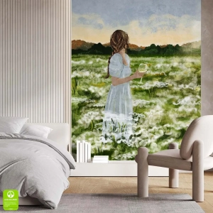 Fototapeta na wymiar do Salonu - Zielona Łąka Kwiatowa – Kobieta z Winem, do Sypialni, Styl Minimalistyczny  i Boho