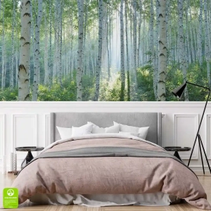 Fototapeta na wymiar z brzozami, leśny motyw do salonu czy sypialni, styl nowoczesny, biało-zielona