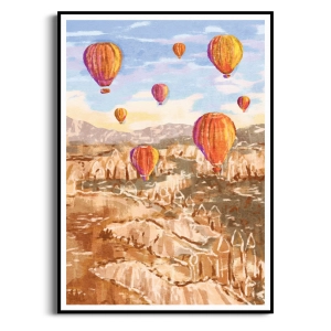 Plakat - Balony nad górami - słoneczne barwy, do jadalni i salonu, styl boho i nowoczesny, beż i pomarańcz