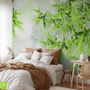 Fototapeta na wymiar: Jasnozielone Liście – Nowoczesny mural roślinny do sypialni i salonu, zwisające liście bambusa na przecieranym tle, zielona dekoracja ścienna w stylu boho