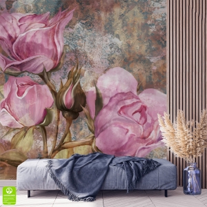 Fototapeta na wymiar: Zjawiskowe Malowane Róże – Artystyczny mural kwiatowy do sypialni i salonu, różowe róże na teksturowym przetartym tle, elegancka dekoracja ścienna w stylu vintage i glamour