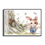 Plakat - Króliczek  w Ogrodniczkach i Domek w Drzewie - Akwarela, Do Pokoju Dziecka, Sypialni, Przedszkola, Styl Boho, Rustykalny, Beżowy Niebieski Zielony