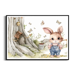 Plakat - Króliczek  w Ogrodniczkach i Domek w Drzewie - Akwarela, Do Pokoju Dziecka, Sypialni, Przedszkola, Styl Boho, Rustykalny, Beżowy Niebieski Zielony