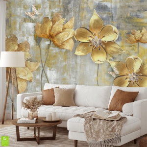 Fototapeta na wymiar: Urokliwe Malowane Kwiaty – Elegancki mural kwiatowy na szarej teksturze, nowoczesna dekoracja ścienna do salonu i sypialni, styl glamour i vintage z motylami