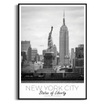 Plakat - Nowy Jork Statua Wolności i Empire State Building – czarno biały obraz na ścianę, panorama miasta, plakat do sypialni i biura, styl loft nowoczesny do salonu