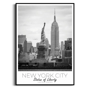 Plakat - Nowy Jork Statua Wolności i Empire State Building – czarno biały obraz na ścianę, panorama miasta, plakat do sypialni i biura, styl loft nowoczesny do salonu
