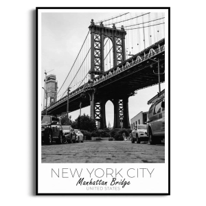 Plakat - Most Manhattan Bridge Nowy Jork – czarno biały obraz na ścianę, fotografia miasta z samochodami, dekoracja do sypialni i biura, styl loft nowoczesny do salonu