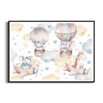 Plakat - Fantazyjny Transport Powietrzny – Akwarelowe samoloty i balony ze zwierzętami, mural do pokoju chłopca In the Sky, pastelowa dekoracja ścienna ze słoniem i żyrafą 