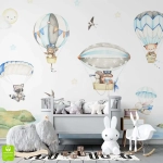 Fototapeta balony i zwierzątka na wymiar – dekoracja do pokoju dziecięcego i sypialni dziecka,  styl skandynawski i boho, kolor błękitny i beżowy