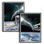 Zestaw 2 plakatów -  Astronauta na Orbicie i Ziemia z Kosmosu - Obraz do Salonu, Pokoju Młodzieżowego i Biura, Styl Nowoczesny i Industrialny - Granatowy, Błękitny i Czarny 