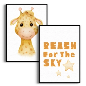 Zestaw 2 plakatów -  Żyrafa i Napis Reach For The Sky - Do Pokoju Niemowlaka, Dziewczynki Chłopca, Beżowy, Styl Skandynawski, Boho