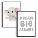 Zestaw 2 plakatów - Szary Słonik i  Napis Dream Big Always - Do Pokoju Niemowlaka, Sypialni Dziecięcej, Safari, Styl Nowoczesny, Minimalistyczny