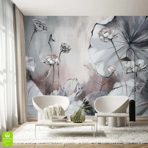 Fototapeta na wymiar Kwiaty Lotosu – Szara i Beżowa, Salon i Sypialnia, Styl Nowoczesny i Japandi