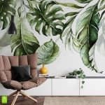 Fototapeta Monstera Liście Tropikalne Akwarela Na Wymiar, Tapeta Ścienna Salon Sypialnia, Urban Jungle Botaniczny Boho, Zielono-Biała