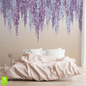 Fototapeta fioletowe kwiaty na beżowym tle - kwiaty do sypialni i salonu, styl nowoczesny i boho