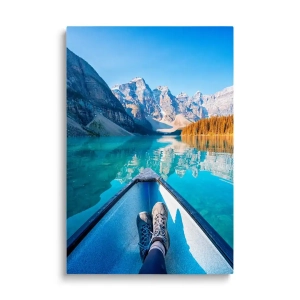 Obraz na szkle - Górska wycieczka - Pejzaż, Krajobraz, Góry, Kajak, Jezioro, Szczyty gór, Pionowy