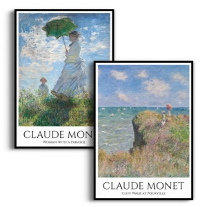 Zestaw 2 plakatów - Claude Monet - Kobieta z Parasolem i Cliff Walk at Pourville - Impresjonizm do Salonu Sypialni, Niebieski Zielony, Boho Skandynawski