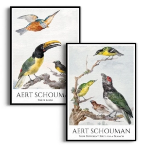 Zestaw 2 plakatów - Aert Schouman - Three Birds i Four Different Birds on a Branch - Ptaki, Grafika botaniczna do Salonu i Jadalni
