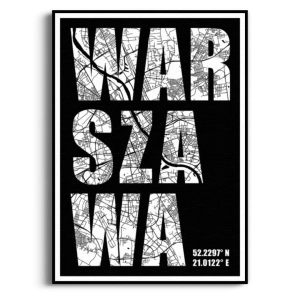 Plakat - Mapa Warszawa Plan Miasta – do Salonu, Sypialni, Biura, Typografia, Czarno-Biały