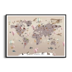 Plakat - Mapa Świata dla Dzieci, Zwierzęta, Balony - Dekoracja do Pokoju Chłopca i Dziewczynki, Styl Skandynawski, Vintage, Beż, Pastele