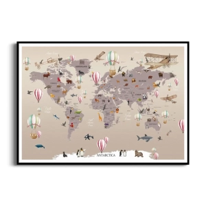 Plakat - Mapa Świata dla Dzieci, Zwierzęta, Balony - Dekoracja do Pokoju Chłopca i Dziewczynki, Styl Skandynawski, Vintage, Beż, Pastele