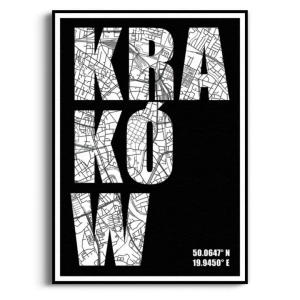 Plakat - Kraków – Plan Miasta Mapa Typografia – Czarno-Biały – Plakat do salonu, sypialni, biura – Loft, Modern, Minimalistyczny