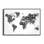 Plakat - Mapa Świata - Dziękuję Typografia – Czarno-Biały – Plakat do salonu, biura, sypialni – Modern, Minimalistyczny, Skandynawski