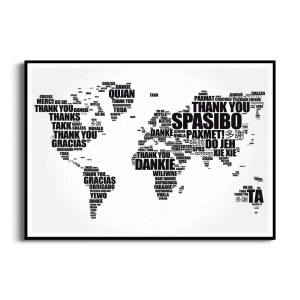 Plakat - Mapa Świata - Dziękuję Typografia – Czarno-Biały – Plakat do salonu, biura, sypialni – Modern, Minimalistyczny, Skandynawski