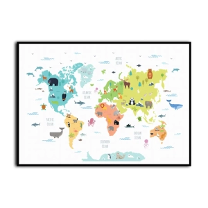 Plakat - Mapa Świata dla Dzieci ze Zwierzętami, Kolorowy Obraz do Pokoju Dziecięcego i Sypialni, Styl Skandynawski