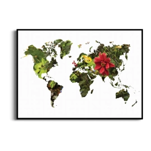 Plakat - Mapa Świata -  Kwiaty Rośliny do Salonu Sypialni Zielony Czerwony Boho Skandynawski