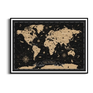 Plakat - Mapa Świata Czarno-Złota - Ciemny Obraz do Biura, Gabinetu, Salonu, Styl Vintage, Retro, Industrialny