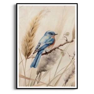 Plakat - Natura - Łąka z ptakami - Niebieski Ptak do Salonu Sypialni Biura, Motyw Przyrody Trawy Boho Beżowy