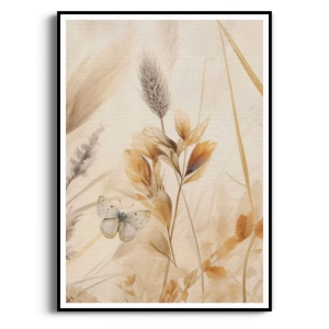 Plakat - Natura - Trawy i Motyl - Trawy Pampasowe Kwiaty Akwarela do Salonu Sypialni, Boho Beżowy