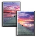 Zestaw 2 plakatów - Pomost na Jeziorze i Zachód Słońca - Do Sypialni Salonu, Nowoczesny Pejzaż Różowy Fioletowy Nadmorski