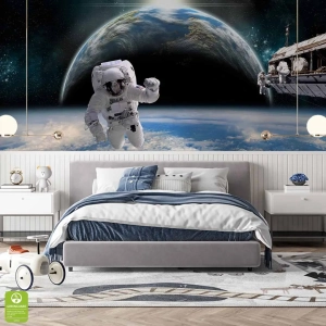 Fototapeta - Kosmos astronauta do sypialni pokoju dziecka i nastolatka na wymiar 3D niebieska, styl nowoczesny