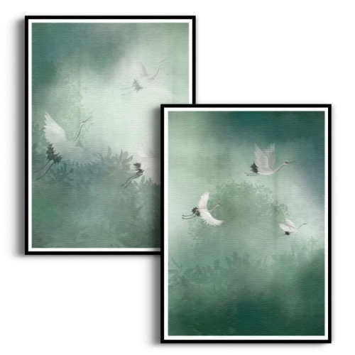 zestaw-2-plakatow-zurawie-we-mgle-zielony-czarna.webp