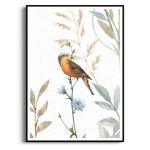 Plakat - Polne kwiaty i ptak V - botaniczny plakat do salonu i sypialni – pastelowa grafika zielono-różowa w stylu boho