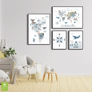 Galeria plakatów - Mapa Świata ze Zwierzętami - Galeria Ścienna do Pokoju Dziecięcego, Styl Skandynawski i Boho, Błękit, Szarość i Biel 