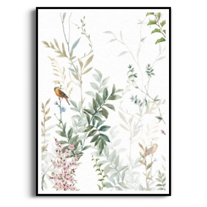 Plakat - Polne kwiaty i ptak VII - botaniczny plakat do salonu i sypialni – pastelowa grafika zielono-różowa w stylu boho