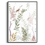 Plakat - Polne kwiaty i ptak VIII - botaniczny plakat do salonu i sypialni – pastelowa grafika zielono-różowa w stylu boho