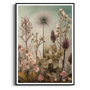 Plakat - Botaniczna dzika łąka w stylu rustykalnym II - Roślinność polna do salonu lub sypialni, beżowo-szara