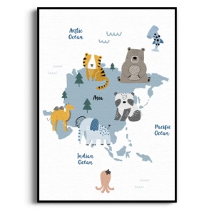 Plakat - Azja Zwierzęta Panda Słoń Tygrys - Do Pokoju Dziecięcego Sypialni, Styl Skandynawski, Błękitny Szary