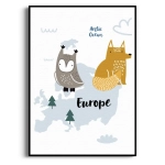 Plakat - Europa Zwierzęta Lis Sowa - Do Pokoju Dziecięcego Sypialni, Styl Skandynawski Szary Rudy